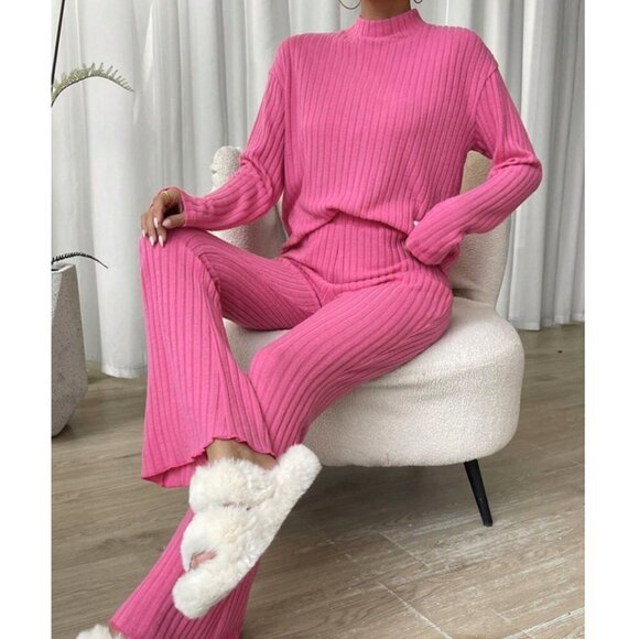 Contemporary Mock Neck Drop Shoulder Tee & Pants Coord Set Pink - Picture 1 of 5